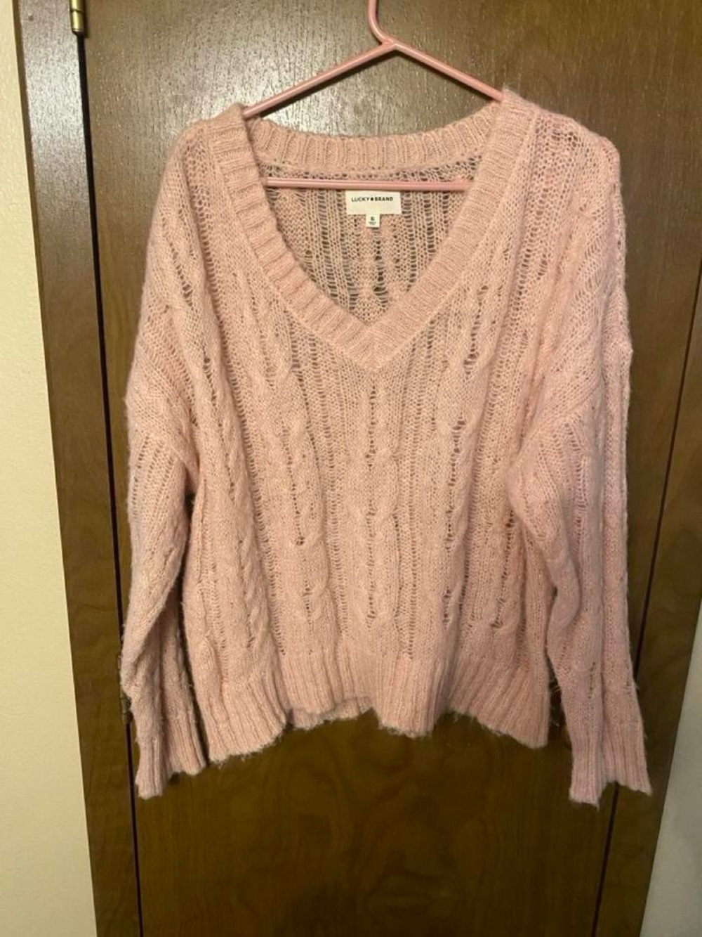 Lucky Brand Blush Pink V-Neck Cable Knit Sweater